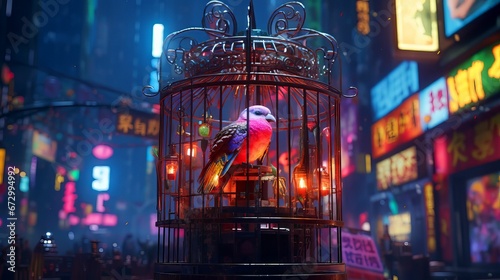 neon birds in cages on a city street at night with people © Wirestock