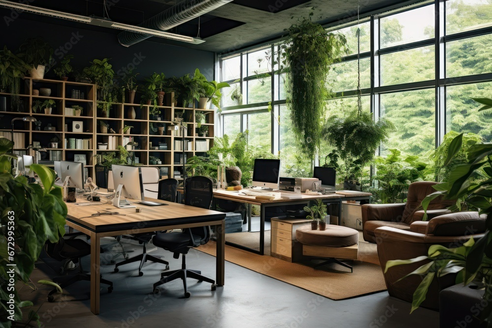 Eco-friendly office with indoor plants and recycled furniture.