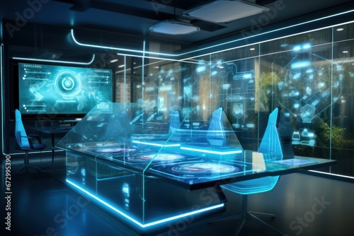 Futuristic financial planning office with holographic data analysis and smart glass partitions.