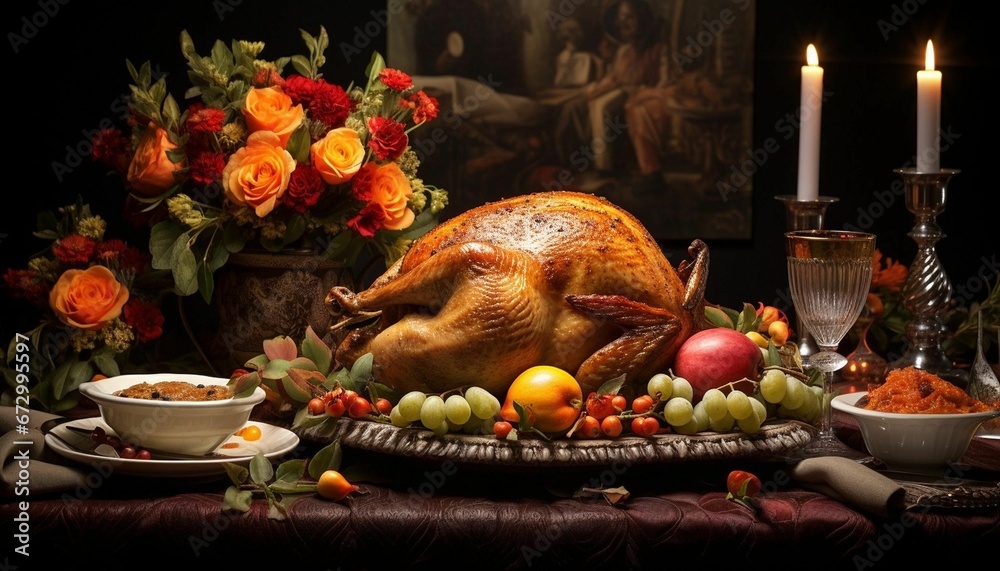 Classic Thanksgiving turkey surrounded by other Thanksgiving dishes on a wooden table, AI-generated. Classic Thanksgiving turkey surrounded by other Thanksgiving dishes on a wooden table, AI-generated.