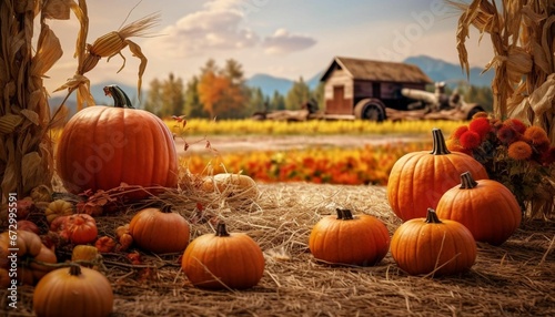 Autumnal scene featuring pumpkins and hay bales in the foreground, AI-generated.