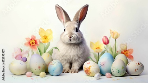 AI generated illustration of a white rabbit surrounded by multicolored Easter eggs and flowers