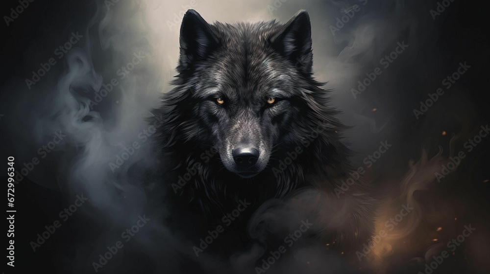 Fototapeta AI generated illustration of a fierce wolf with glowing orange eyes against a dark black background