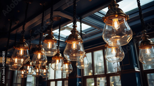 Old style halogen lamps hanging from the ceiling of a modern cafe photo