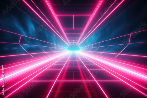 Abstract futuristic technology concept. Neon tunnel modern background. Blue and pink glowing light lines. Empty backdrop with copy space in the center