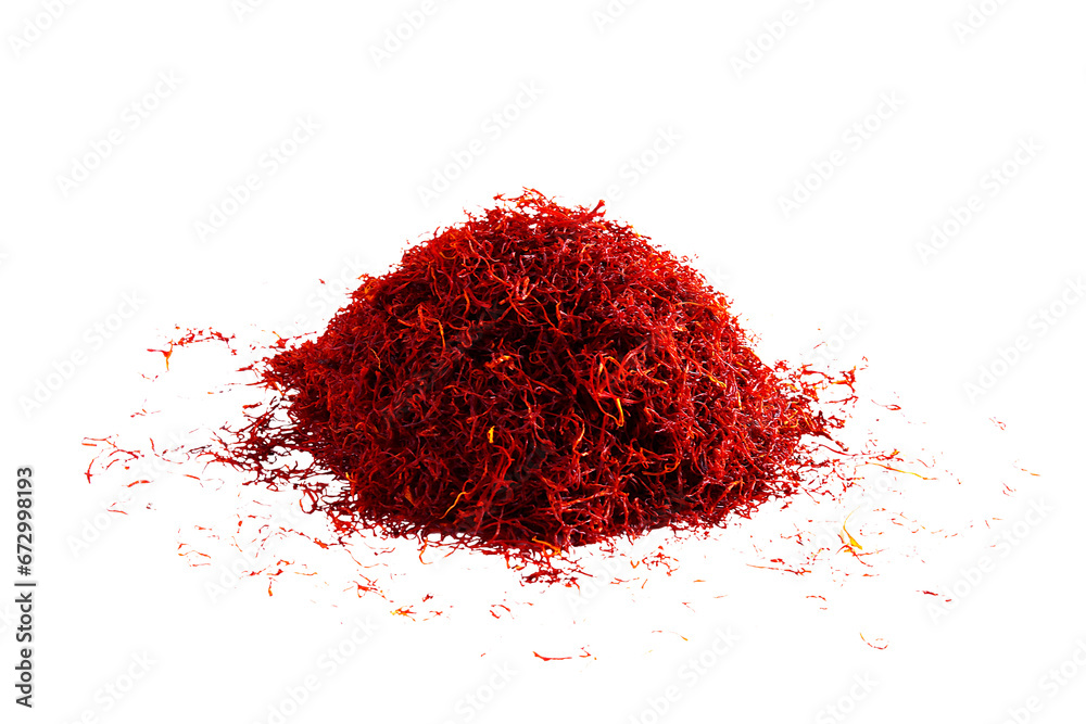 heap of organic dried saffron thread spice isolated,also known in india as kesar on cutout transparent background,png format - obrazy, fototapety, plakaty 