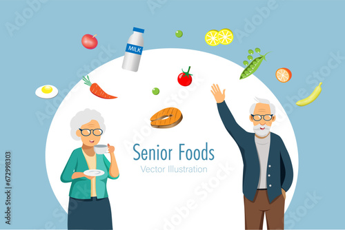 Healthy foods for elderly. Senior couple with low calories foods and vegetables. Healthy aging, active elderly. Vector.