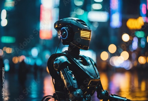 AI generated illustration of a black robot with a futuristic and sleek design