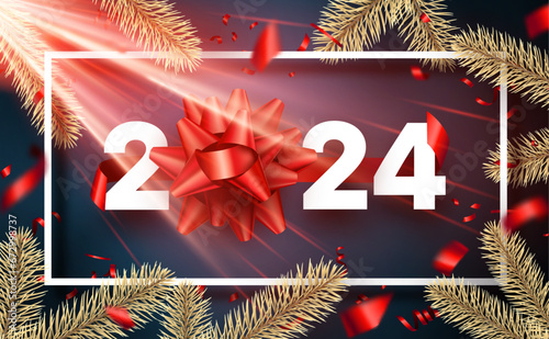 Happy new year 2024 white paper lettering with red shiny bow on abstract banner with golden fir branches and red confetti.