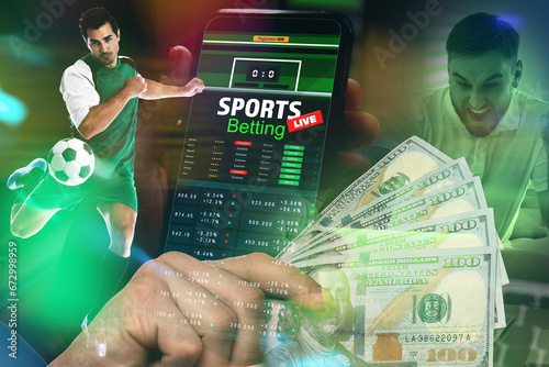 Sports betting. Multiple exposure with football player, money, website page and emotional man