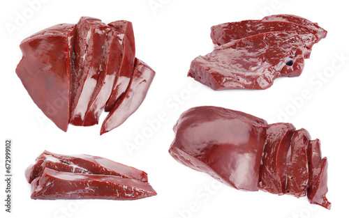 Pieces of raw beef liver isolated on white, different sides
