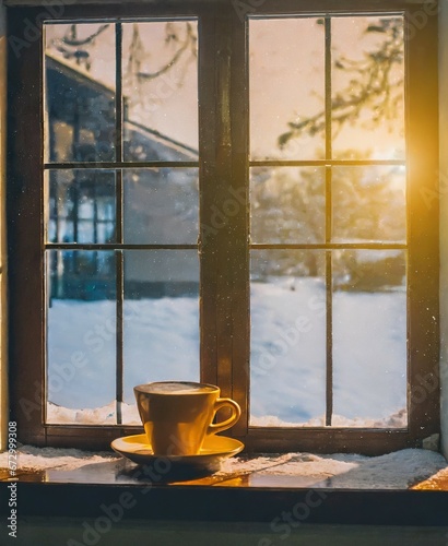 Cup of hot coffee. Good morning. Winter holiday season. Cozy evening time.