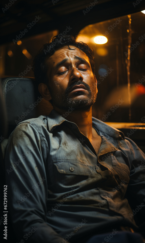 A really tired man sleeping in a car after work. Generative AI. A really tired man sleeping in a car after work. Generative AI.