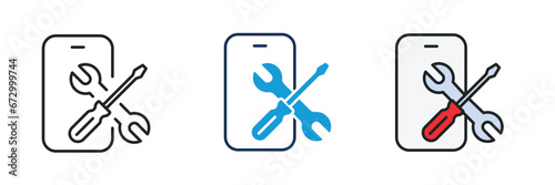 Smartphone repair icon. Line, glyph and filled outline colorful version. Symbol, logo illustration. Different style icons set. Pixel perfect vector graphics.
