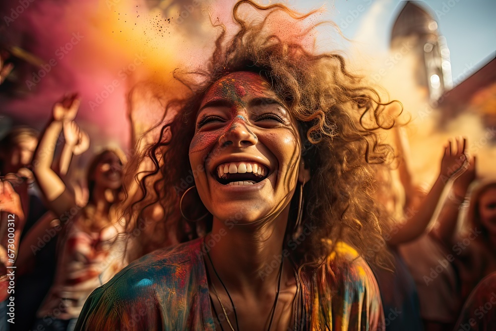 Young adult woman tourist at Holi celebration. Generative AI.