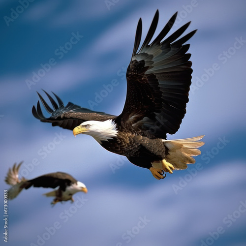  Large eagle soaring with smaller birds trailing. 
