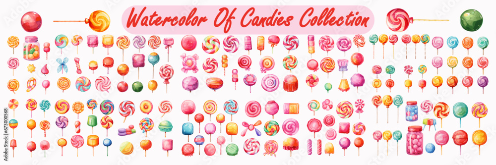 Watercolor set collection of candy lollipop vector illustration on white background - obrazy, fototapety, plakaty 