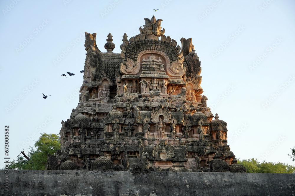 Ancient old Hindu temple tower. High Gopuram of Airavatesvara Temple, Darasuram, Kumbakonam, Tamilnadu.