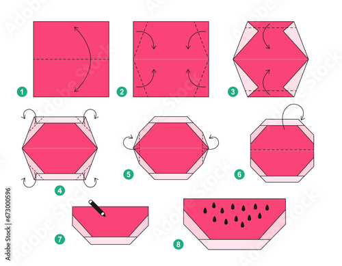 Watermelon origami scheme tutorial moving model. Origami for kids. Step by step how to make a cute origami fruit. Vector illustration.