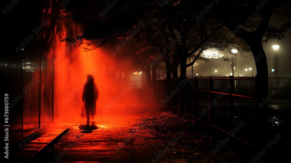 person in red-lit foggy night, carrying a handbag, walking toward fence near traffic lights, creating dramatic mystery person in red-lit foggy night, carrying a handbag, walking toward fence near traffic lights, creating dramatic mystery