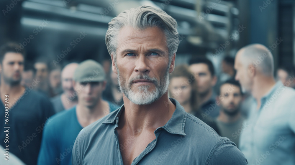 Middle-aged white male with gray beard in blue shirt, deep in thought amidst a group in a public area, shared moment of concentration Middle-aged white male with gray beard in blue shirt, deep in thought amidst a group in a public area, shared moment of concentration
