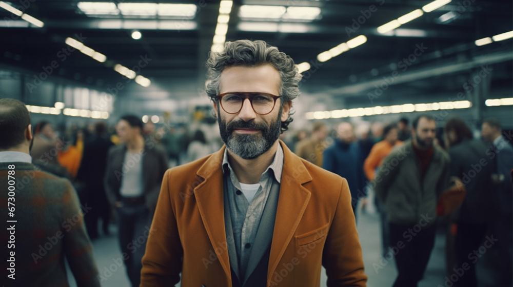 Man with beard and glasses in crowded room, smiling, approachable in brown jacket, public setting Man with beard and glasses in crowded room, smiling, approachable in brown jacket, public setting