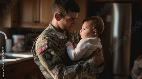 Military dad hugging baby boy at home.