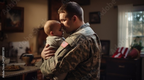 Military dad hugging baby boy at home.