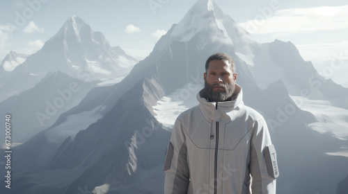 Man in white jacket awestruck by snow-covered mountains  creating serene appreciation of nature.
