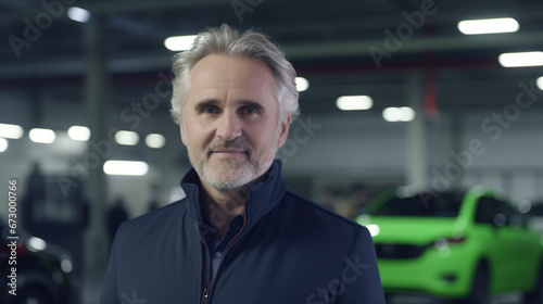 Middle-aged Caucasian man in black jacket smiles in garage with cars, content and relaxed, appreciating the vehicles