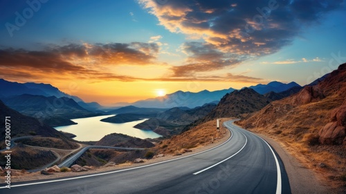 Mountain road at sunset. Beautiful curved roadway. Landscape with empty highway through the mountain.