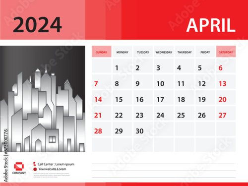 April 2024 year- Calendar 2024 template, Desk Calendar 2024 year, Week Start On Sunday, Wall calendar design, sample Planner, Stationery, Poster, printing media, red background photo