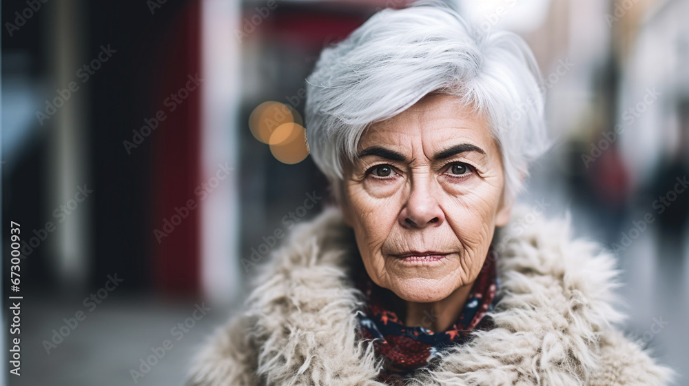 Elderly woman in fur coat and scarf stands on city street, displaying focused determination in bustling urban setting