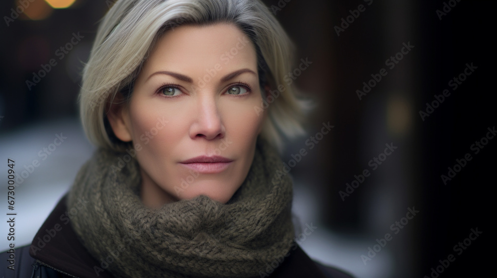 Middle-aged woman, cold autumn weather, jacket, looking sad and lonely, fictional location Middle-aged woman, cold autumn weather, jacket, looking sad and lonely, fictional location