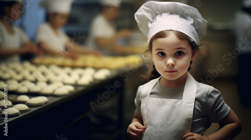 Young Caucasian girl in chef's hat and apron, focused on making donuts, embracing culinary skills in the kitchen