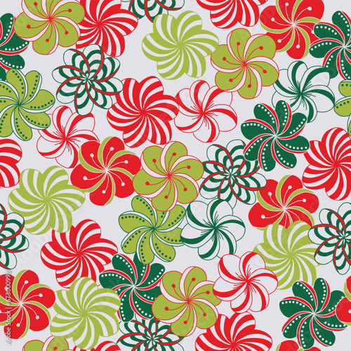 Tangle-Style Art is How These Red, Green, and Platinum White Flowers that Look a Bit Like Christmas Candies Creating a Vector Seamless Repeat Pattern Design