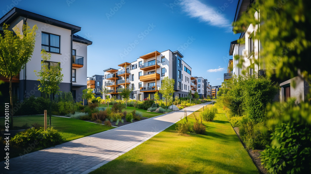 Peaceful residential area with well-maintained townhouses, lush greenery, and inviting pathways.