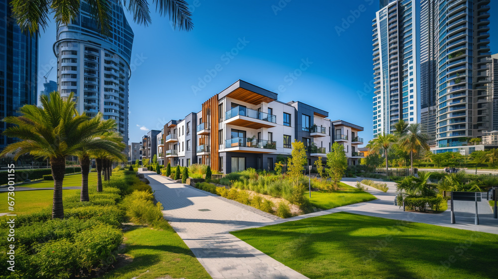 Obraz premium Peaceful residential area with well-maintained townhouses, lush greenery, and inviting pathways.