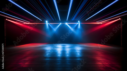 Empty night club stage illuminated with red and blue spotlights