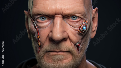 Early Stage Transhumanism: Close-Up View of Caucasian Man with Mechanical Computer Chips photo