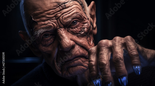 abstract, devil monster evil, Elderly Man with Wrinkled Face and Dark Setting, Eliciting Discomfort © wetzkaz