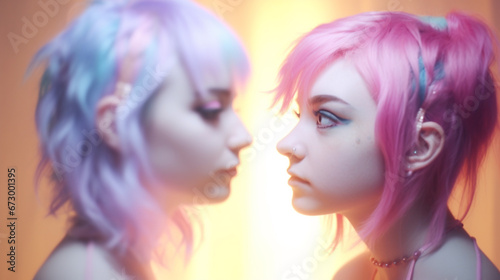 Young Women with Colorful Hair Enjoying Each Other's Company
