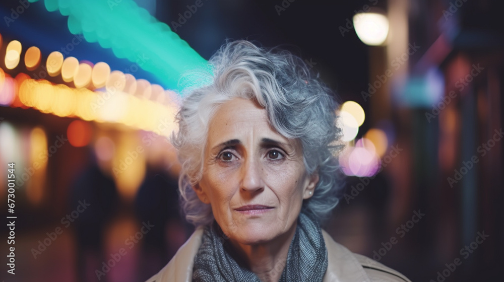 calm older woman in city street, neutral or sad thoughtful expression, reflective moment calm older woman in city street, neutral or sad thoughtful expression, reflective moment