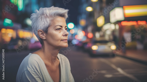 calm older woman in city street, neutral or sad thoughtful expression, reflective moment © wetzkaz