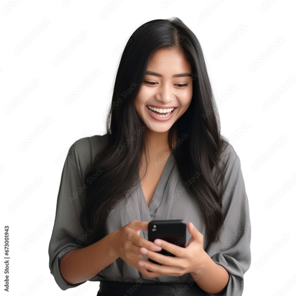 Woman texting on cell phone and smiling isolated on white background Woman texting on cell phone and smiling isolated on white background