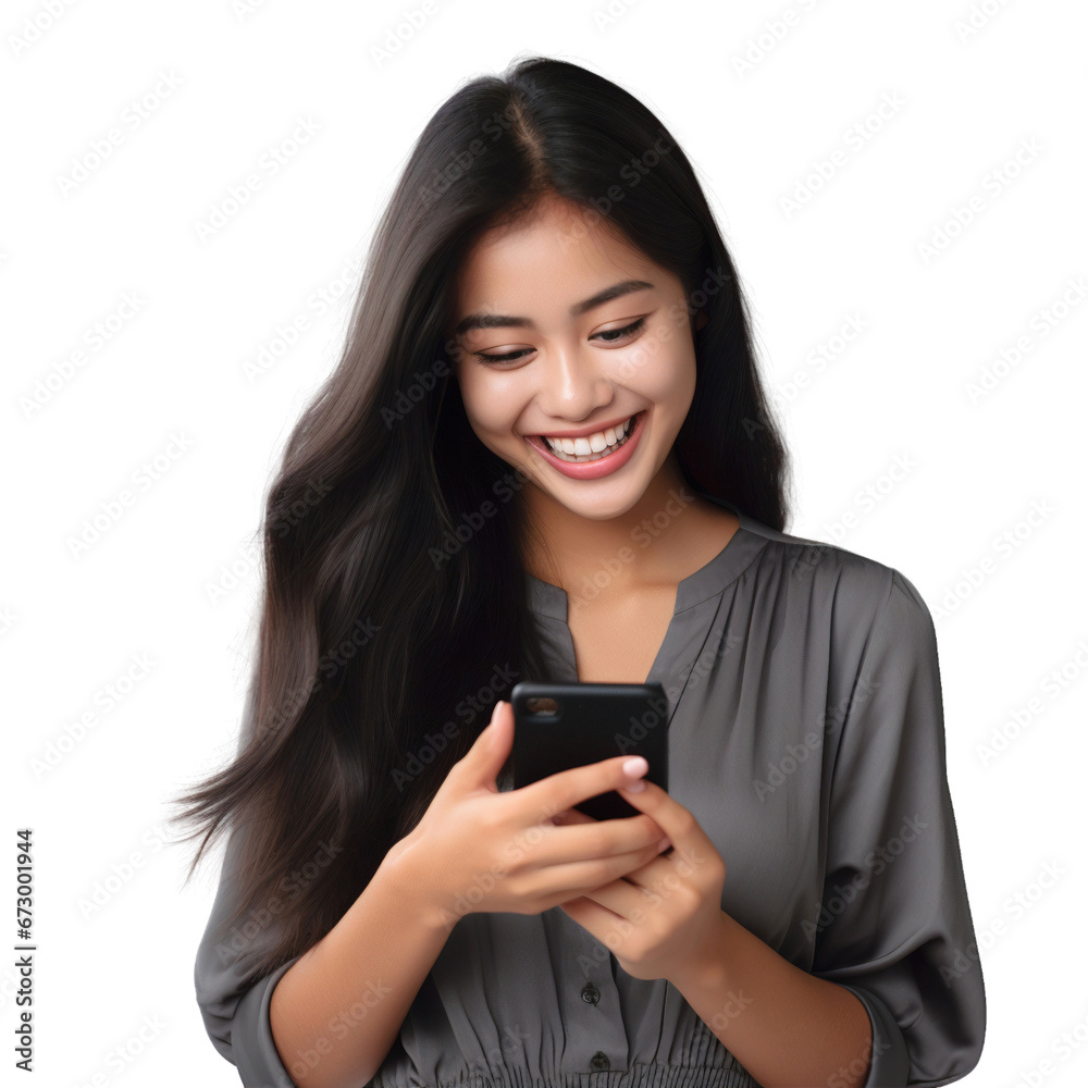 Businesswoman texting on cell phone and smiling isolated on white background
