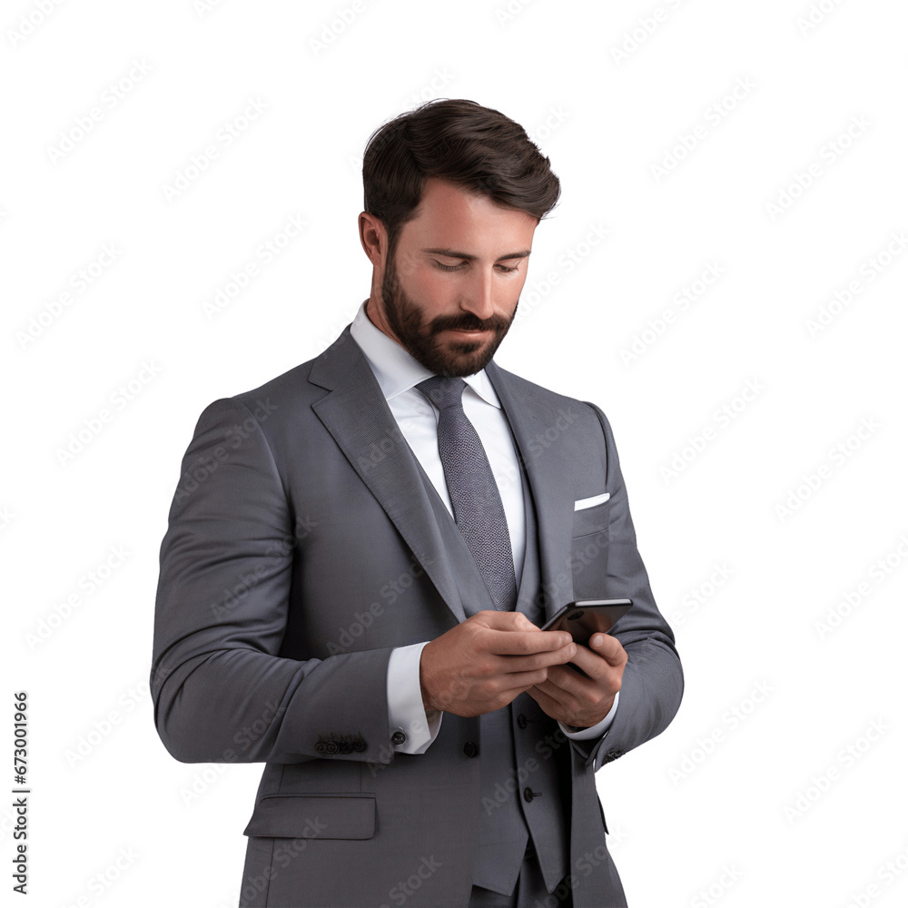 Businessman with mobile phone isolated on transparent background Businessman with mobile phone isolated on transparent background