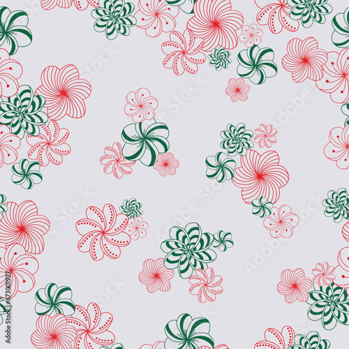 A Platinum Colored Background Scattered with Tangle-Style Flowers that Look Like Christmas Candies in Red, Green, and White Creating a Vector Seamless Repeat Pattern Design