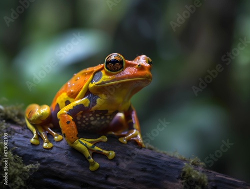 AI generated illustration of a small frog perched on a tree branch, gazing forward with bright eyes