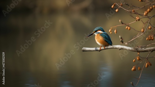 AI generated illustration of a common kingfisher bird perched on a tree twig near the lake photo